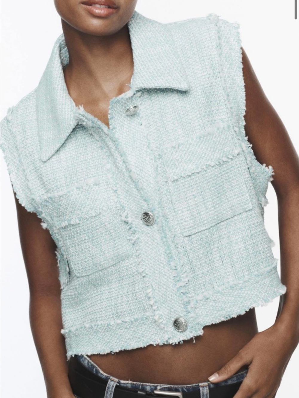 Zara Pale Blue Tweed Cropped Vest BNWT